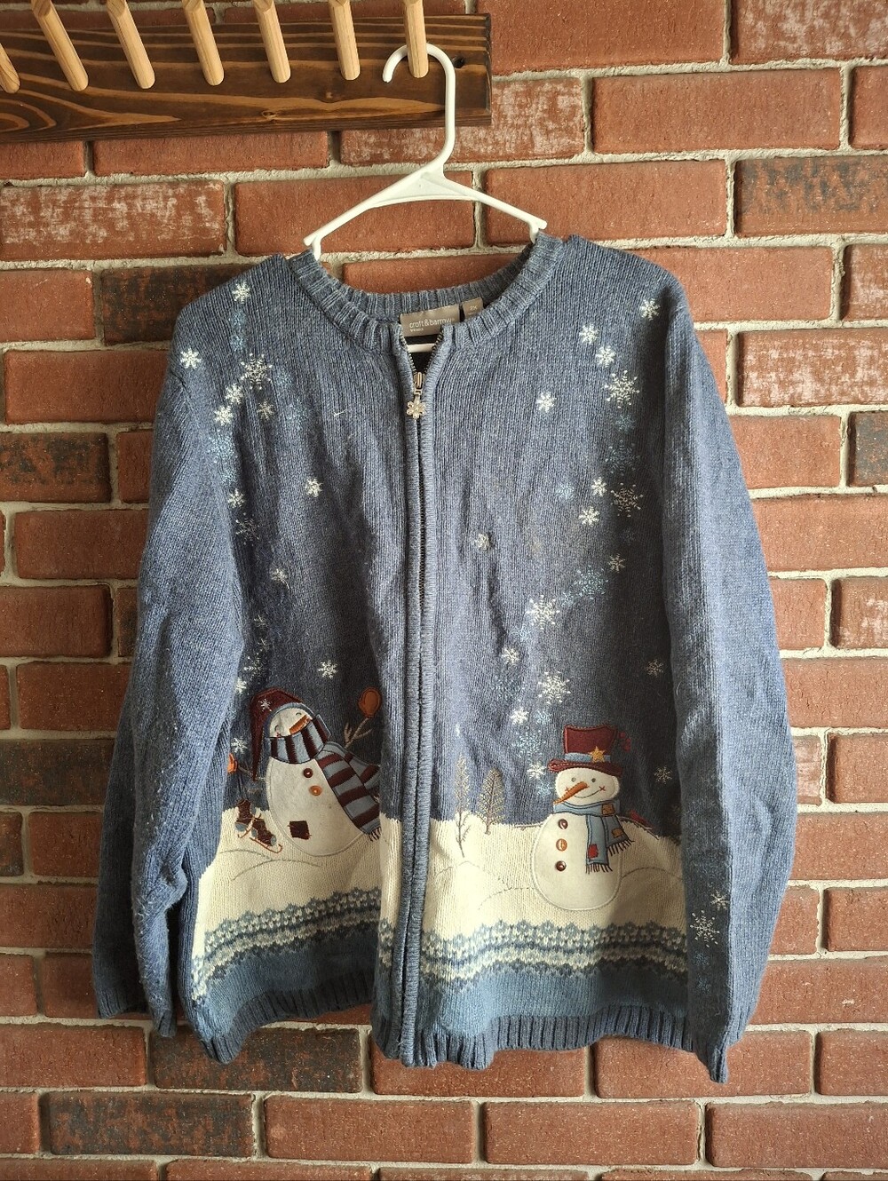 croft & barrow Blue Zip-Up Sweater with Snowman Appliqué